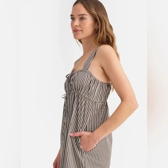 Mate The Label Organic Stripe Poplin Empire Tie Midi Dress M Nwt Brown White — image 3 of 8